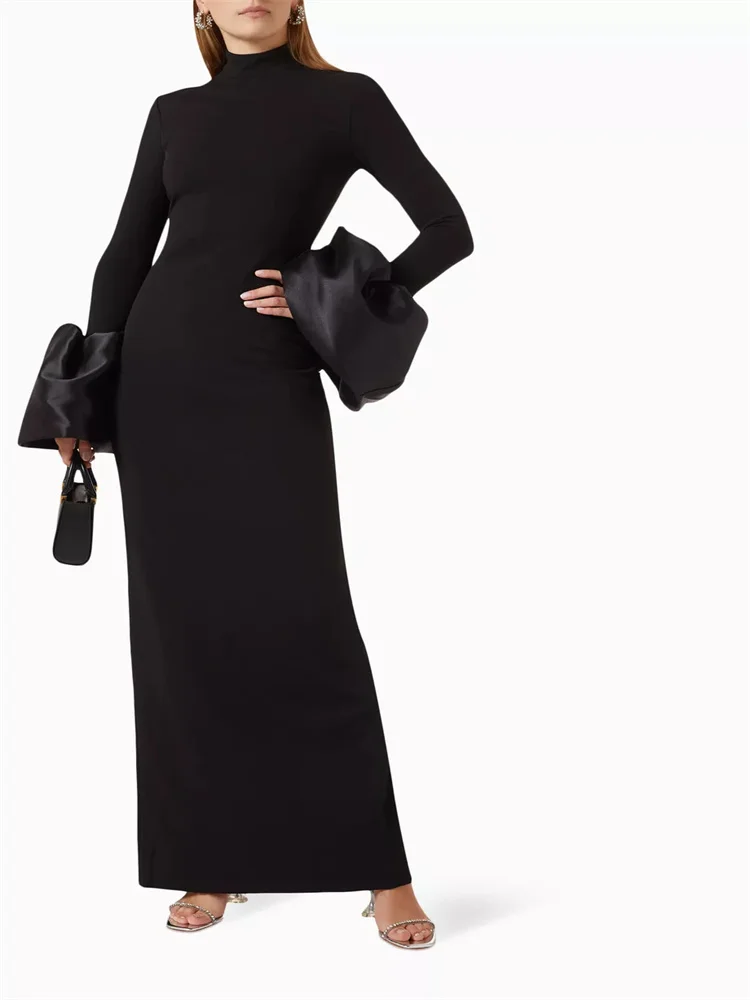 New Arrival High Neckline Long Sleeves With Flared Cuffs Sheath Satin Evening Dress Back Zipper Floor Length Gown For Women 2024