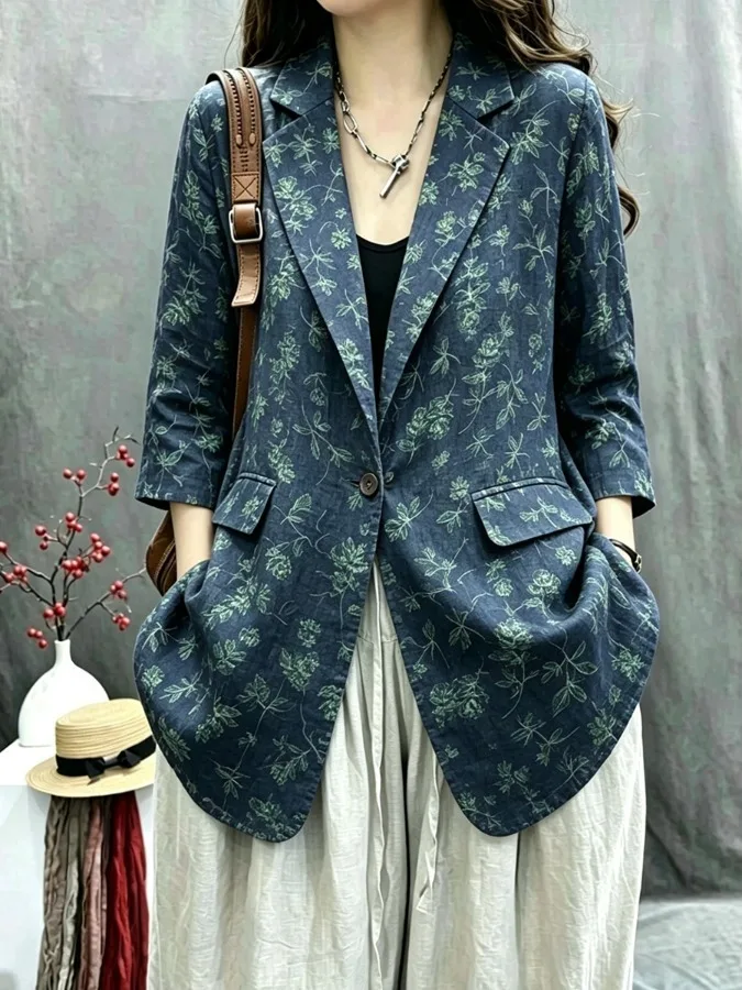 Cotton Linen Women's Summer 2026 New Style Retro Loose Casual Long Sleeve Printed West Suit Elegant Versatile Matching