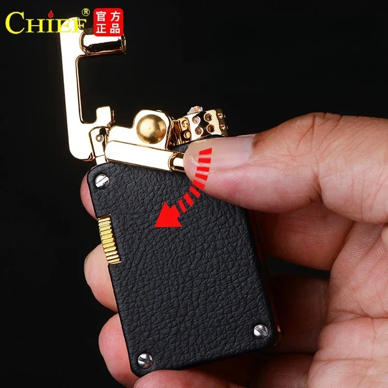 CHIEF Metal Leather Rocker Arm Kerosene Lighter Creative Fire Stone Warehouse Retro Windproof Lighter High end Smoking Gadgets