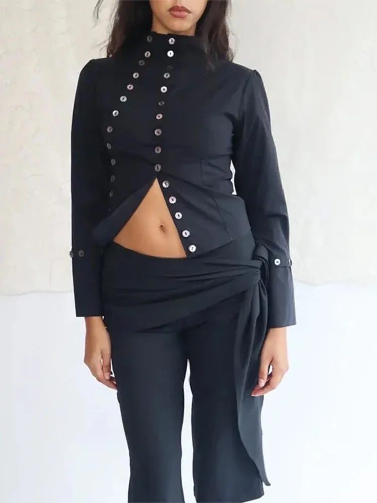 Goth Aesthetic Y2K Vintage Women's Long Sleeve Shirt Sexy Slim Fit Chic Button-Down Solid Color Crop Tops Grunge Punk Streetwear