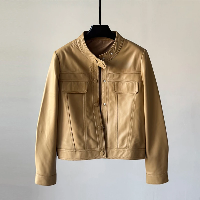 6 farben Echt Leder Kurze Jacken 2025, Herbst Casual Stehkragen Frauen Volle Hülse Schaffell Moto & Biker Jacken Mäntel femme