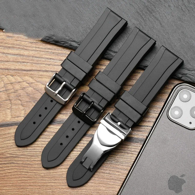 20mm 22mm Watchband Black Waterproof Silicone Rubber Replacement Wrist Watch Band Strap Silver Deployments Clasp For Tudor strap