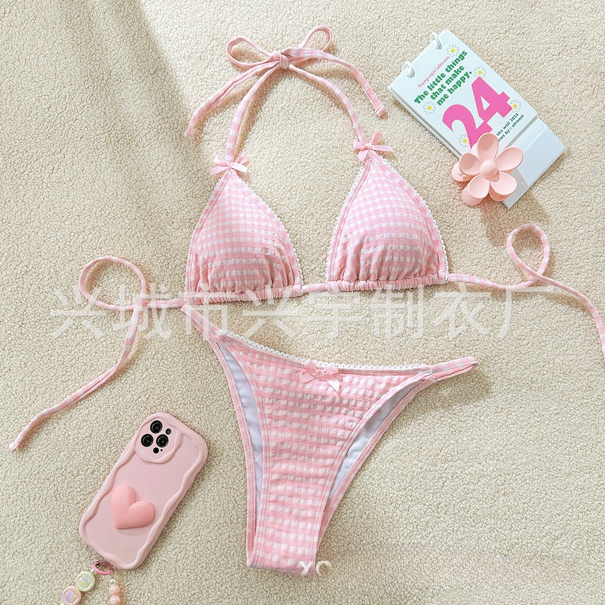 New split plaid print straps bikini straps swimsuit women