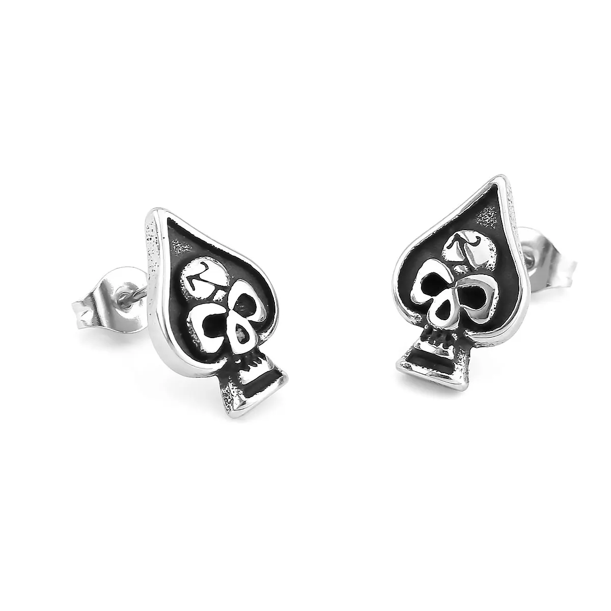 Men's Fashion Cards Spades Skull Stainless Steel Stud Earrings Retro Hip Hop Biker Women Accessories Vintage Male Jewelry Gift image 6