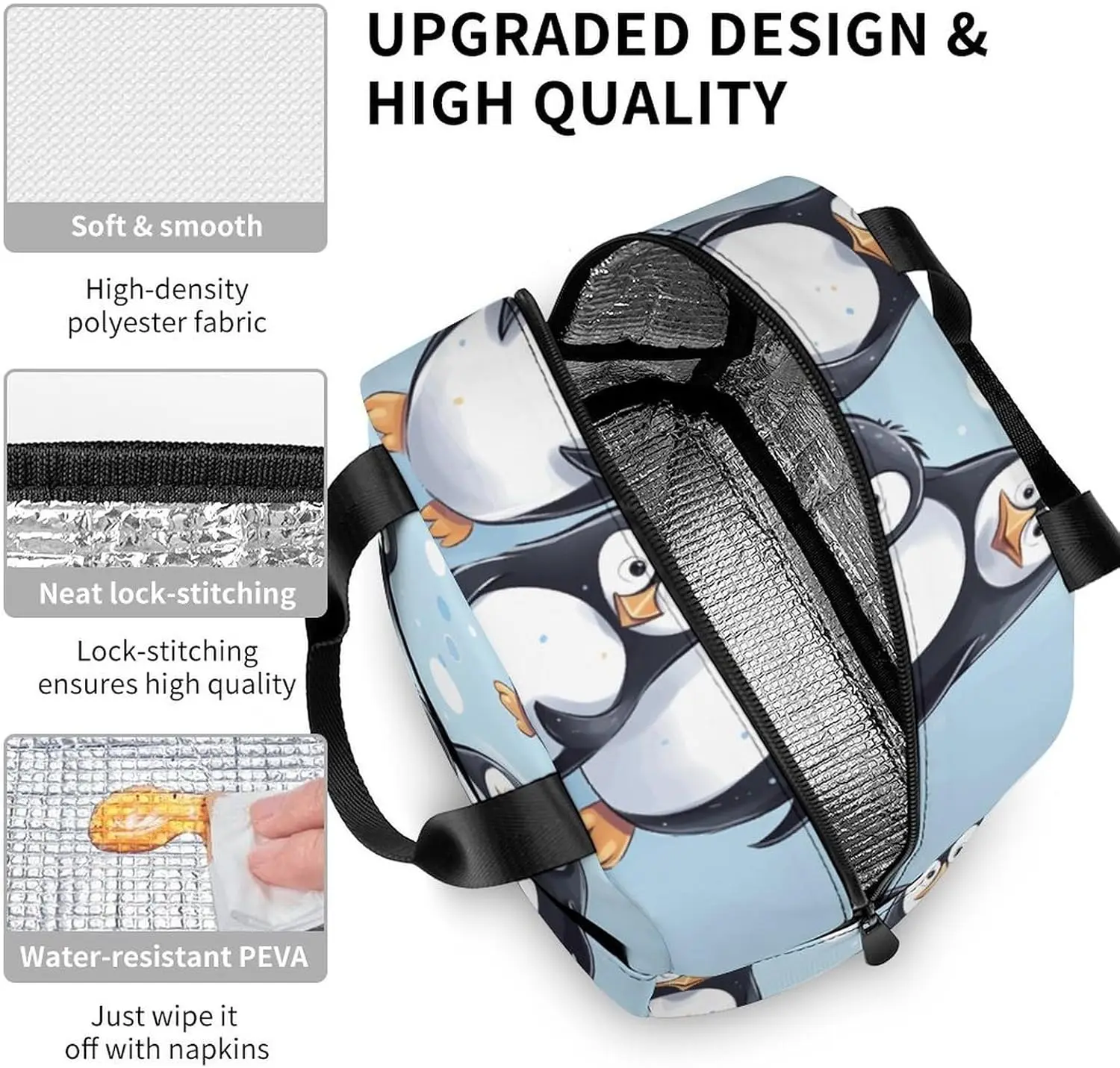 Lunch Box for Women Men, Cute Penguins Printed Insulated Lunch Bag Reusable Lunchbox for Work Picnic Or Travel
