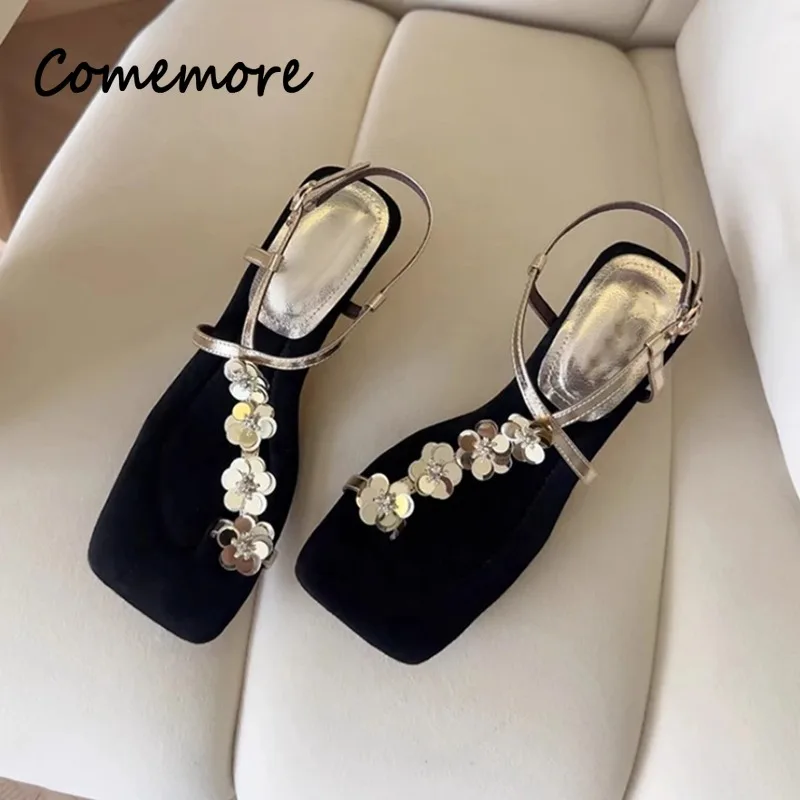 Comemore Summer Low Heels Women Sandals Elegant Designer Sequin Flower Pumps Outdoor Wedges Heel Roman Shoes Ladies Footwears