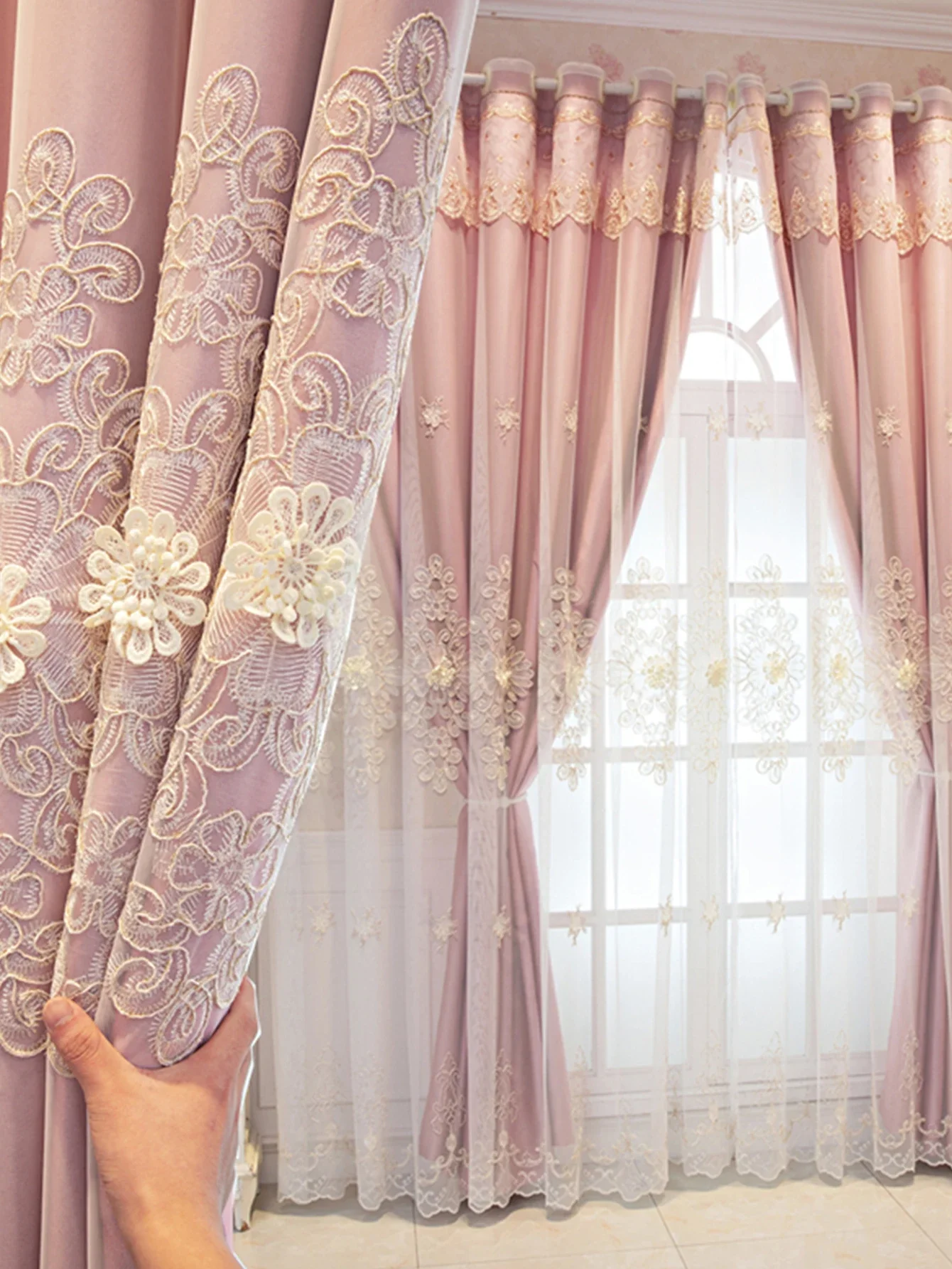 

New embroidery curtain full shading cloth yarn one double bay window living room bedroom pastoral style simple gauze curtain