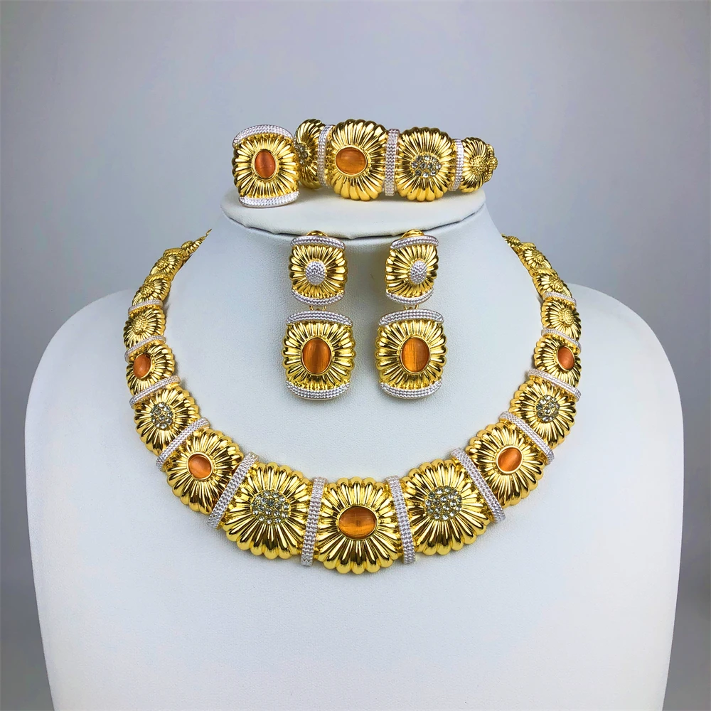 

Round Chunky Choker Dubai Gold Plated Jewelry Set Collar Necklace Drop Earrings Bracelet Ring African Bridal Wedding Party Gifts