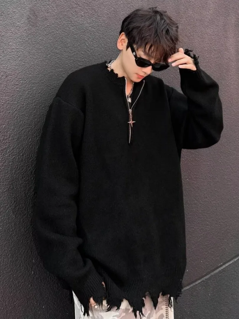 

Retro American Men's Knitted Sweater f Zipper Hole Destruction Loose Couple Knitwear Casual Soft Cotton Blend Long Sve ...