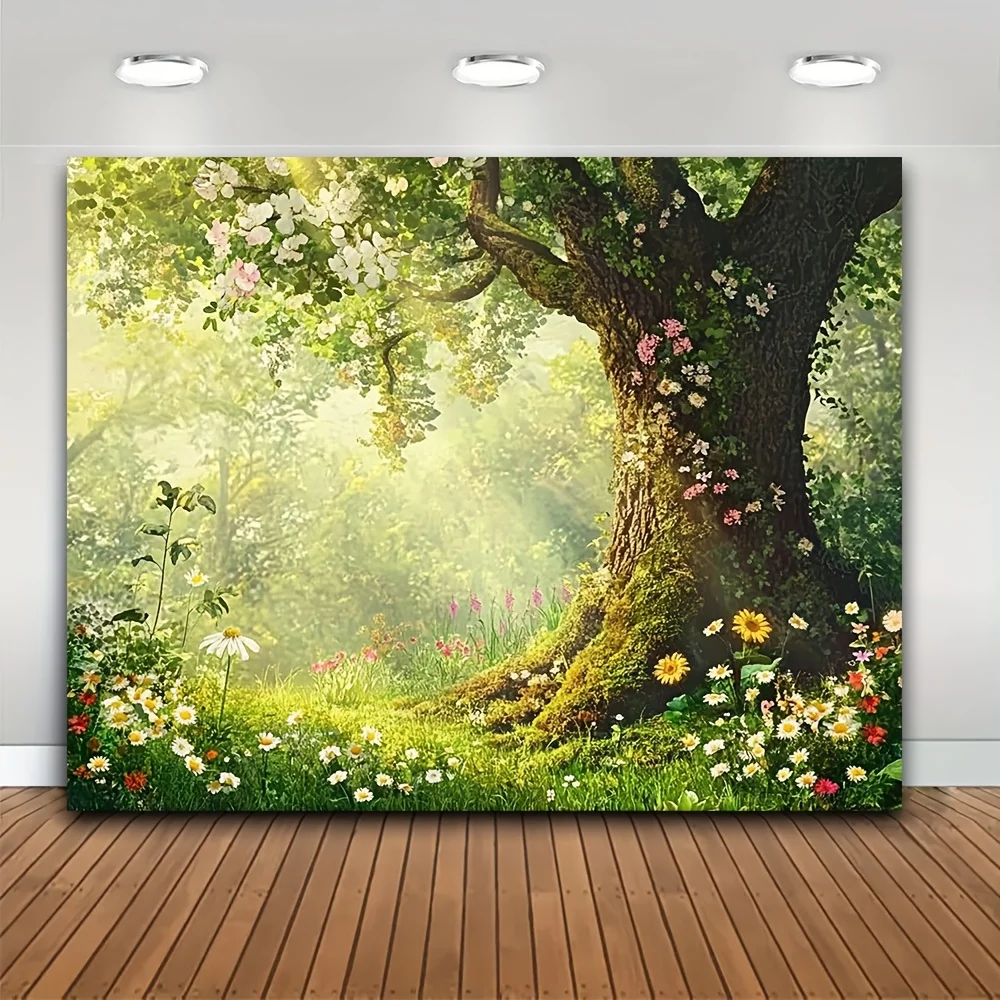 1-Fotografie-Hintergrund aus grünem Gras, mit Frühlingswaldblumen und Märchenwaldblumen, Polyester-Banner zum Schießen