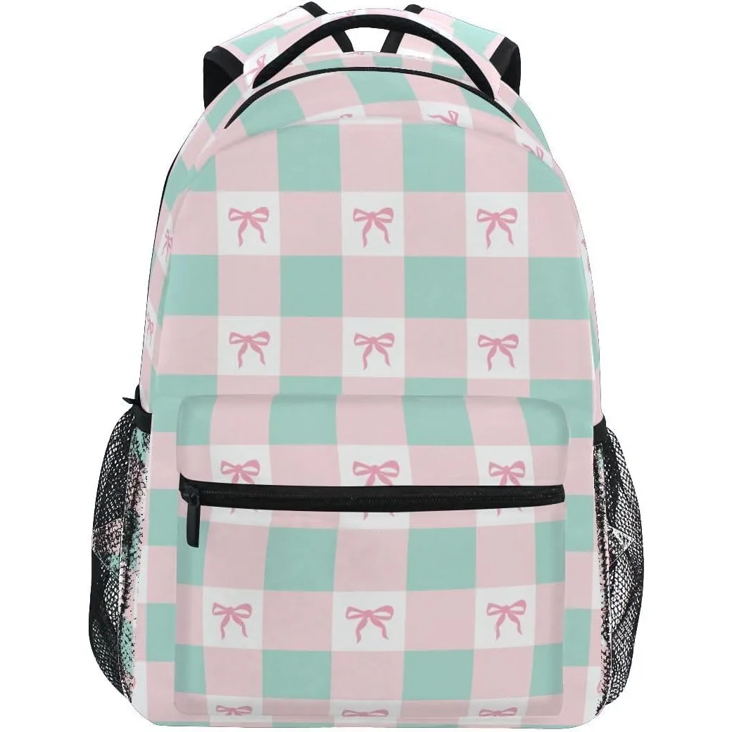 

Pink Green Checkerboard Backpack Cute Bow Print School Bag Lightweight Casual Daypack For Teens Students Travel Daily Use