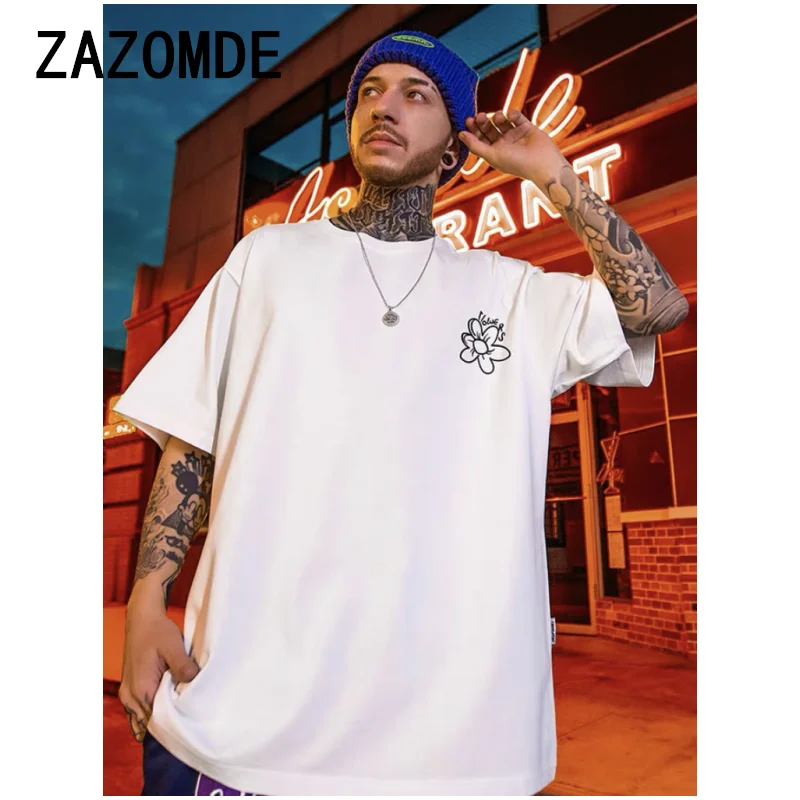 ZAZOMDE Street Cotton Man T-Shirts Positive Vitalty Smiling Flower Printing Short Sleeve Oversize O-Neck Soft Trend Mans Clothes