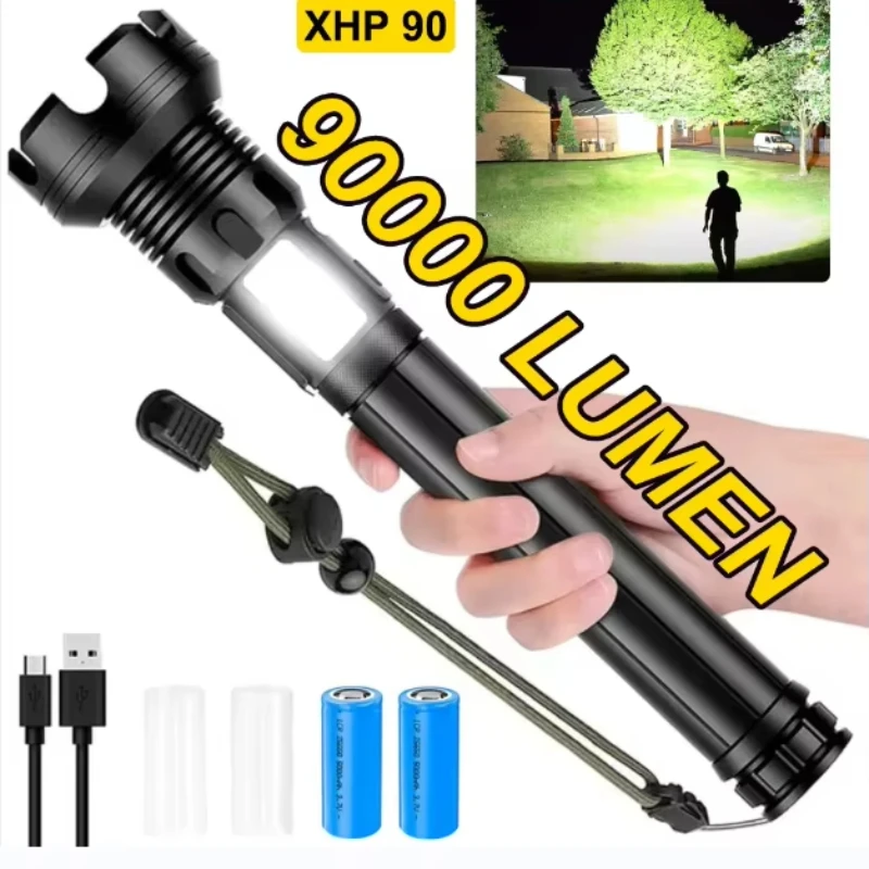 

90000 Lumens LED Tactical Flashlight Rechargeable XHP90 USB Zoomable 7Modes Super Bright Floodlight Spotlight Torch Light