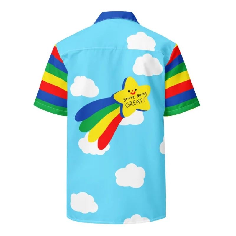 Blue Sky White Cloud Cartoon Star Short Sleeve Shirt Men's and Women's Rainbow Striped Sleeve Smiling Sun Vacation Shirt