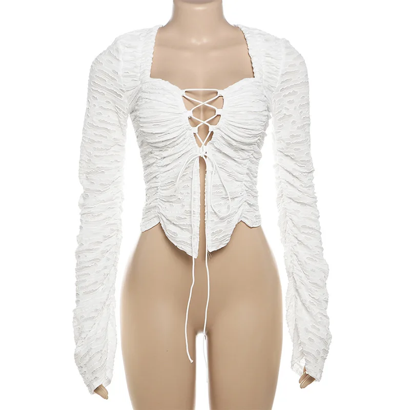 

White V Neck Lace Up Top Women's Sexy Hollow Solid Cardigan Casual Gathered Long Sleeve Top Female Shirt Party Outfits