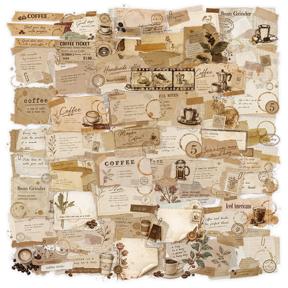10/30/50pcs Transparent Vintage Coffee Envelope Stickers Cartoon Retro Art Decals DIY Scrapbook Luggage Phone Waterproof Sticker