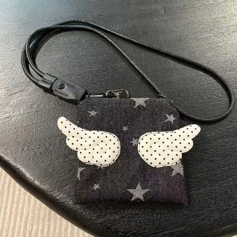 Retro Korean Harajuku Wing Pendant Mini Bag for Women Black Star Print Card Holder Earphone Case Versatile Neck Wallet Pouch