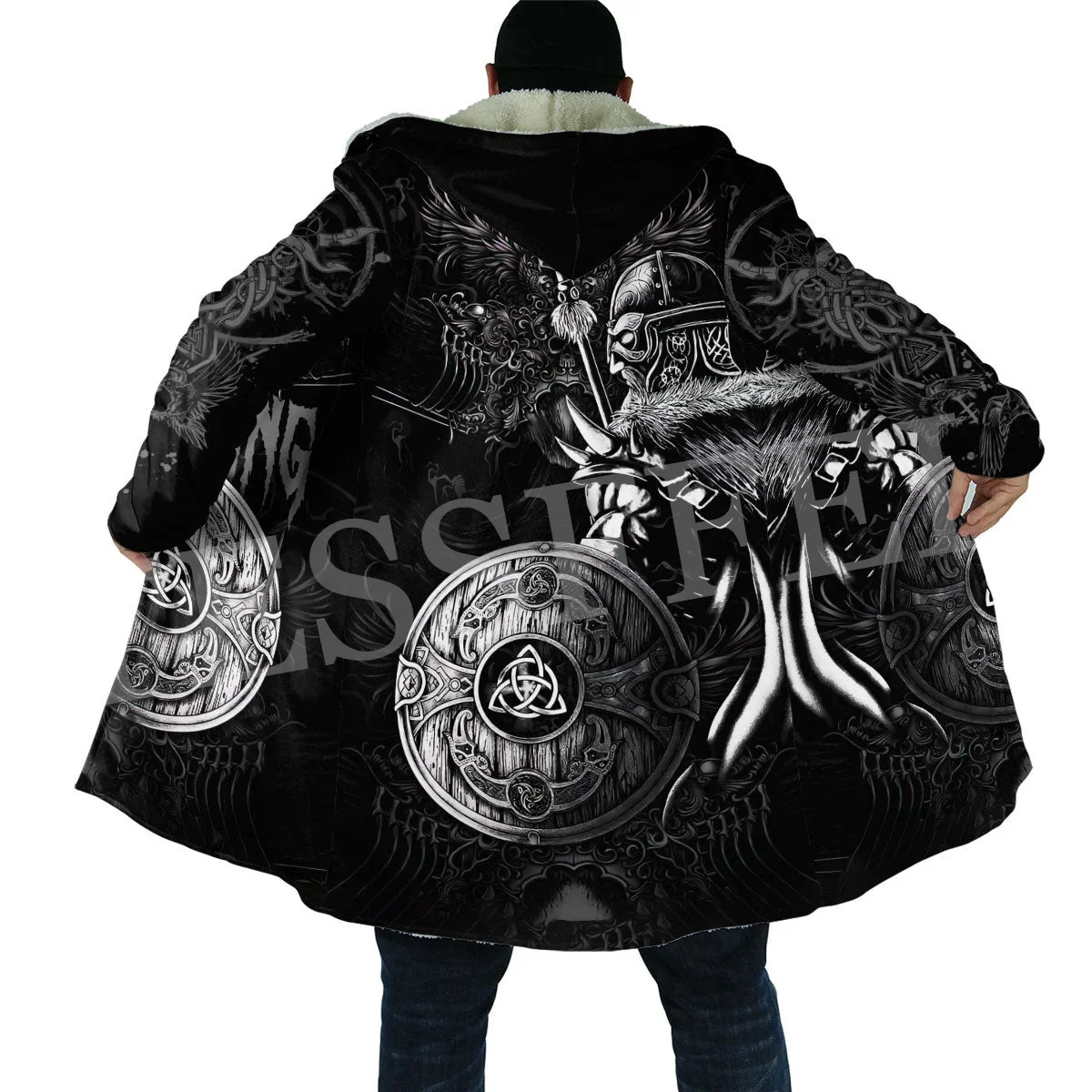 Wolf Fenrir Odin Nordic Warrior Mythology Tattoo Vintage Retro 3DPrint Windbreaker Winter Casual Hoodies Cloak Fleece Overcoat W