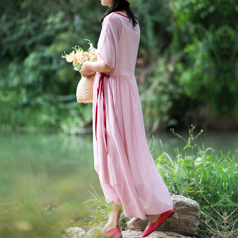 Robe trapèze en soie à col rond, manches courtes, couleur de contour, à lacets, extension superposée, robe de fée d'été, nouveau, 2024