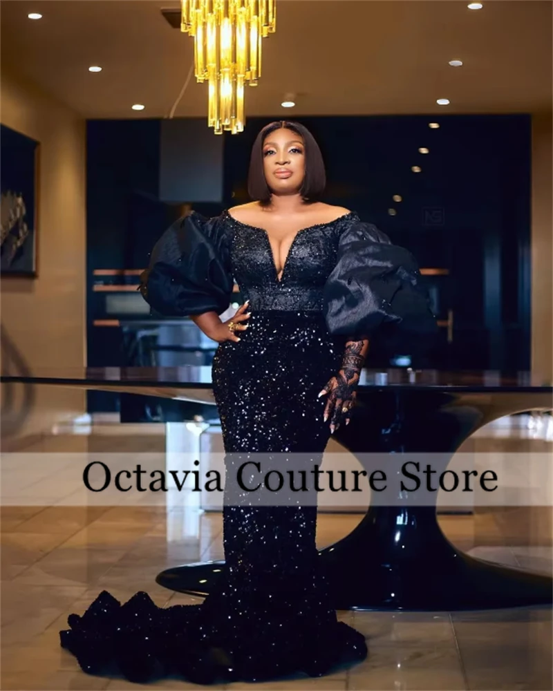 

Aso Ebi Black Sequin Evening Dresses African Bead 2024 Birthday Luxury Dress Sleeve O Neck Formal Gown Customized