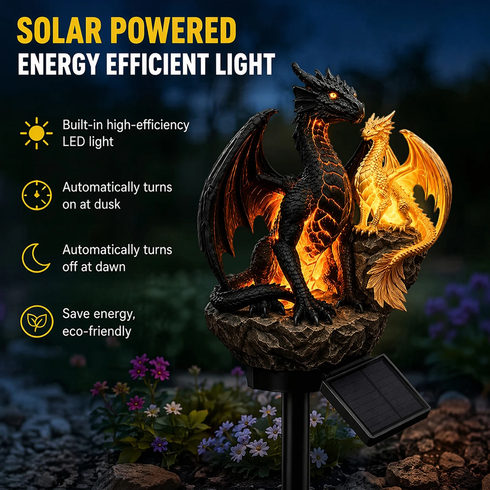 Halloween Dragon Golden Ember Edition Solar Garden Light - Outdoor Statue Lamp, Gothic Medieval Fantasy Ornament for Halloween