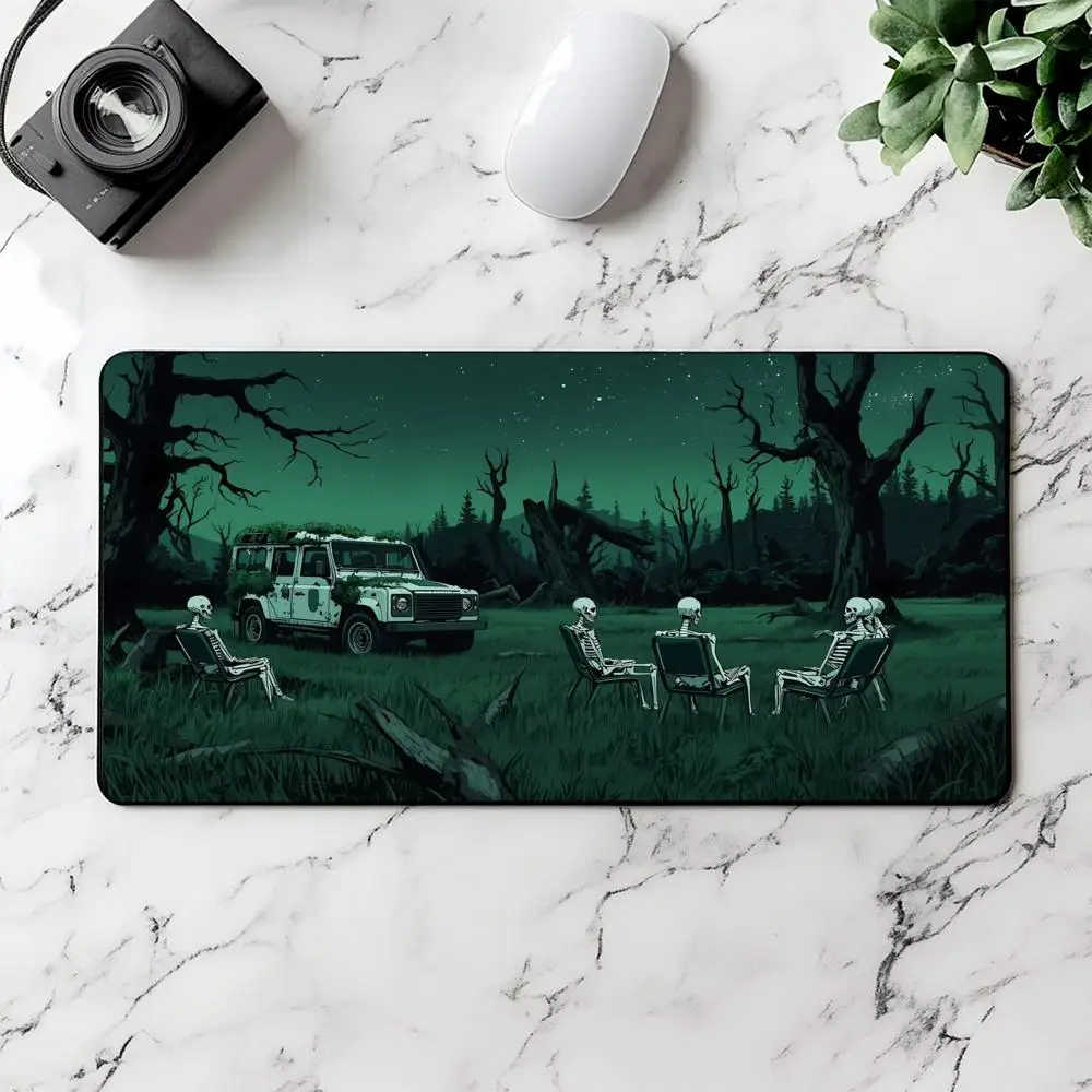 Skeleton Camping Night Forest Large Gaming Mouse Pad Off‑Road SUV Spooky Dark Scene Non‑Slip Desk Mat for Esports Office Card