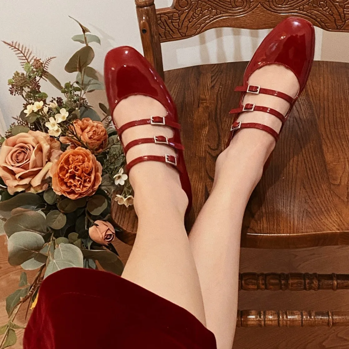 

Three Straps Spring Atumn Pumps Cowhide Footwear Mary Jane Shoes Women Pumps Med Heel 3.5 CM French Style Ladies Elegant Shoes