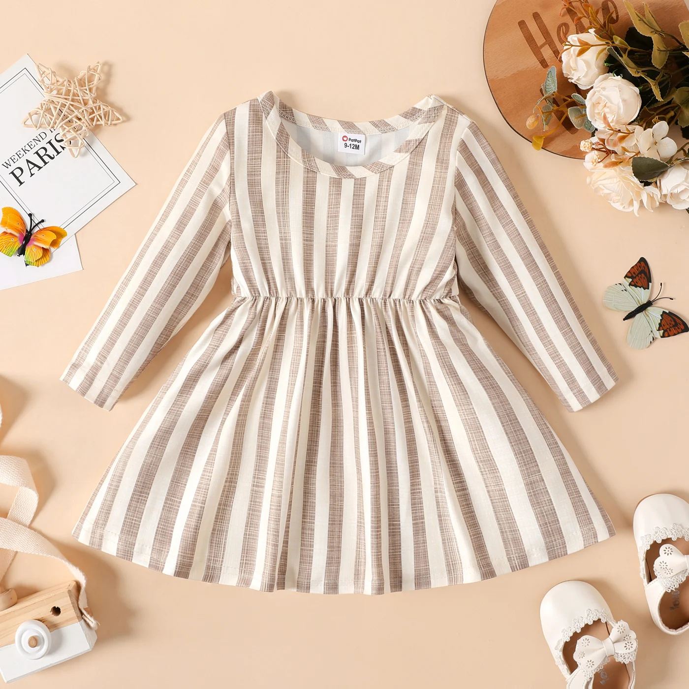 PatPat Baby Girl Ribbed Brown/White Butterfly Print Long-sleeve Dress Perfect for Outings and Daily Wear Basic Style