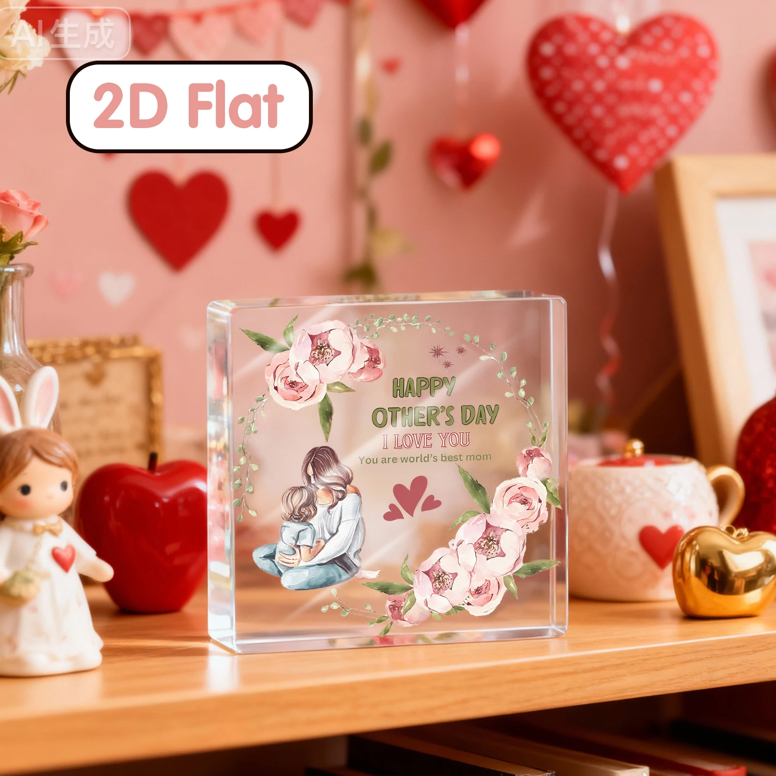 2D Flat Mother's Day Acrylic Block Plaque – Floral Mom & Daughter Design, Best Mom Gift, Transparent Desk Home Decor Keepsake