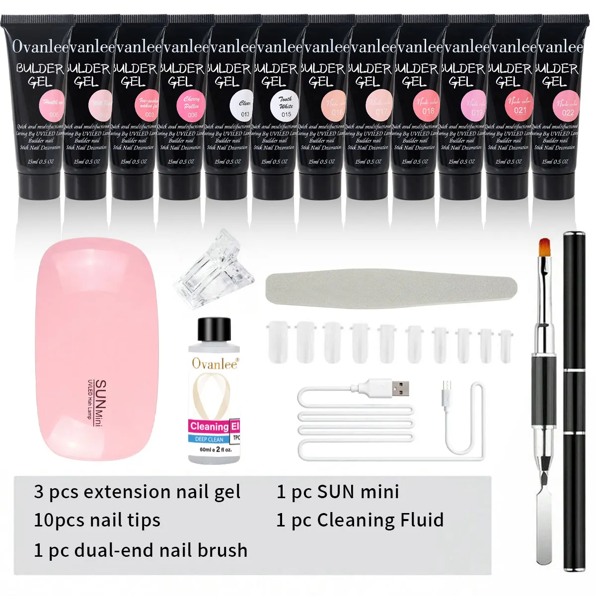 Ovanlee 18pcs Free Shipping with Mini UV Lights Crystal Extension Glue Set, Paper Free Nail Care Quick Extension Model Glue UV Light