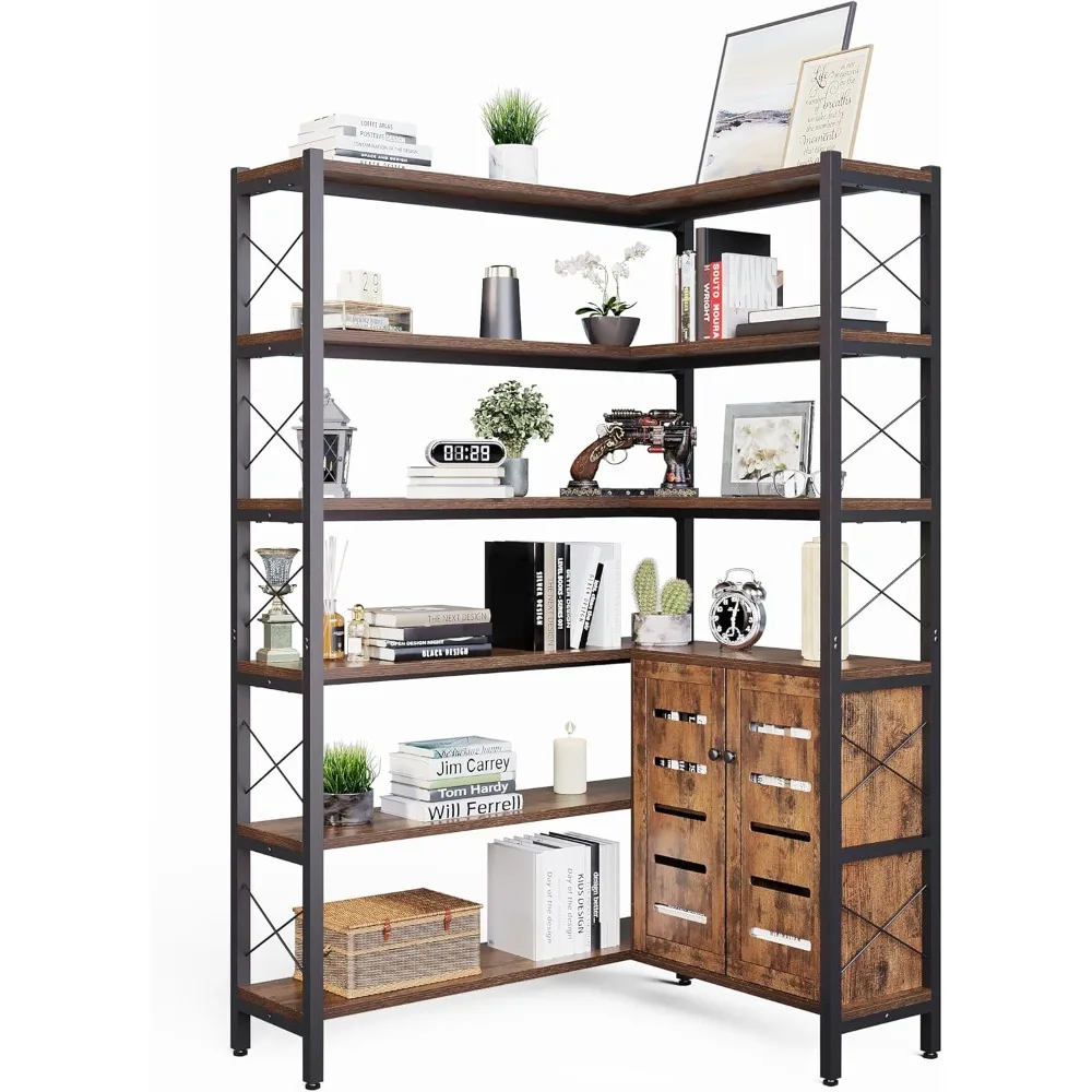 

Corner Bookshelves and Bookcases Industrial Corner Etagere Bookcase L Shaped Shelf 6 Tiers with Metal Frame for Living Room Home