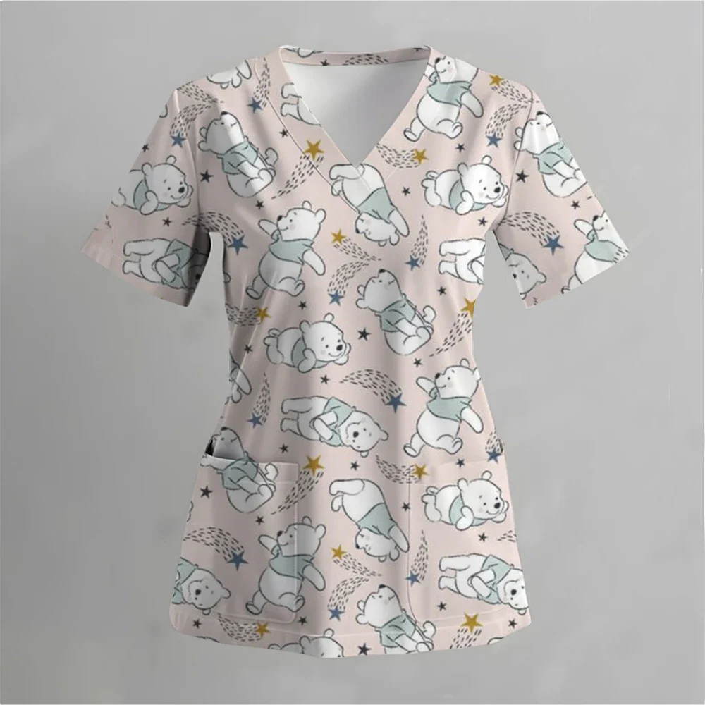 

Disney Christmas Donald Duck Winnie the Pooh Printed Nurse Uniform Pocket Healthcare Scrubs Nurse Work Shirt Nursing Staff
