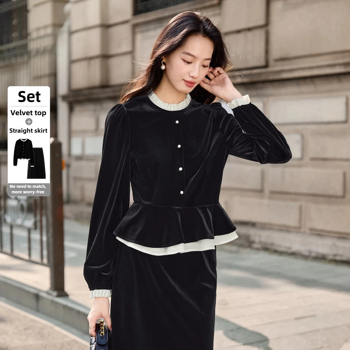 

SENTUBILA Elegant Velvet Skirt Sets Women's Autumn Fashion Two Piece Set Contrast Lace Short Top Straight Midi Skirts 153ZA2633