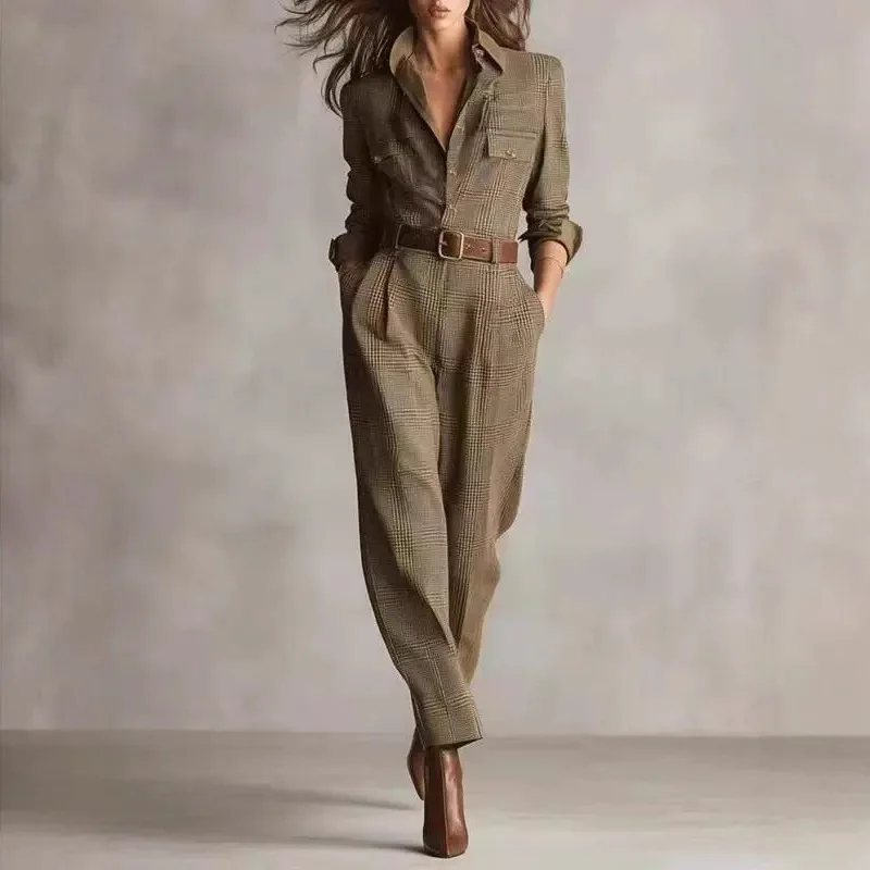 Retro Grid Button Lapel Shirt Jumpsuits Woman Fashion High Waist Slim Bodysuits Romper Spring Autumn Long Sleeve Pocket Overalls