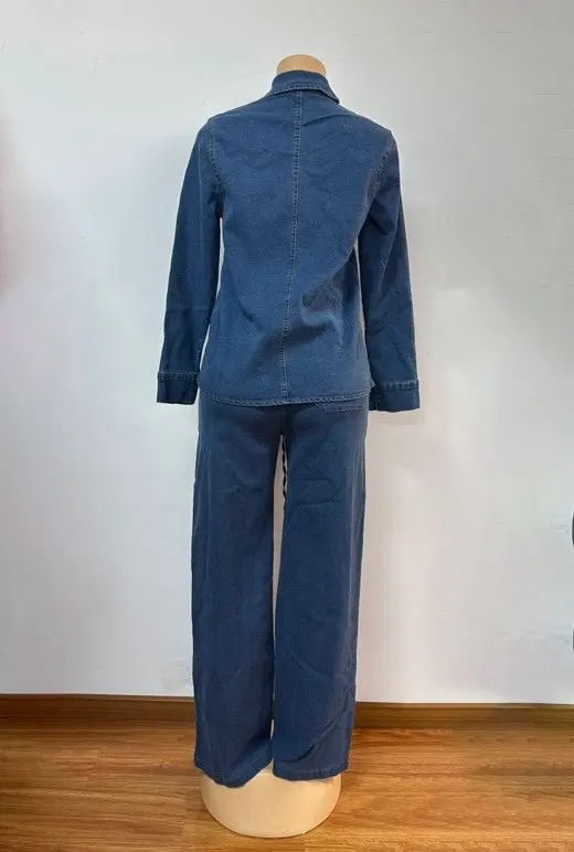 أزياء المرأة مجموعة طويلة الأكمام غسلها الدنيم قمم قمصان + بنطال ذو قصة أرجل واسعة دعوى 2025 الربيع الشارع اثنين 2 قطعة مجموعة الزي #3