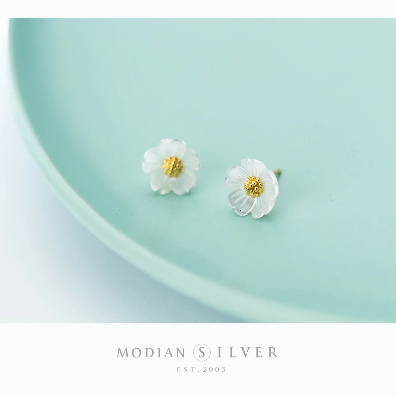 Modian 100% 925 Sterling Silver ceramika złota kolor kolczyki sztyfty z kwiatem dla kobiet roślin ślubne ozdobne biżuteria Orecchini — zdjęcie 3