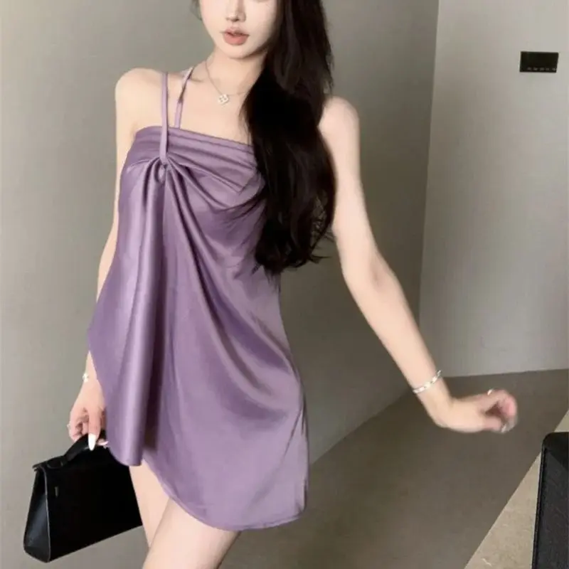 

Hsa Purple Satin Sexy Off The Shoulder Camisole Vest 2024 Women Summer Loose Irregular Spicy girl Sleeveless Top External Wear