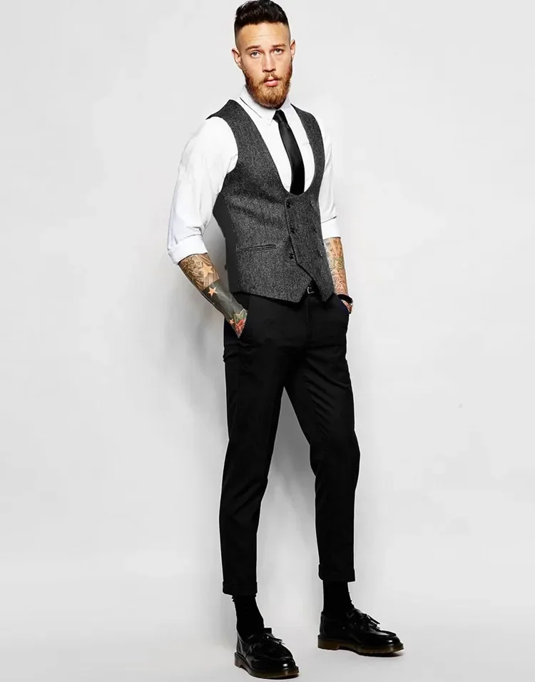 Grey Double Breasted Tweed Men Vest Black Pants Custom Blazer Slim Fit 2 Piece Tuxedo Fashion Formal High Quality Blazer Hombre