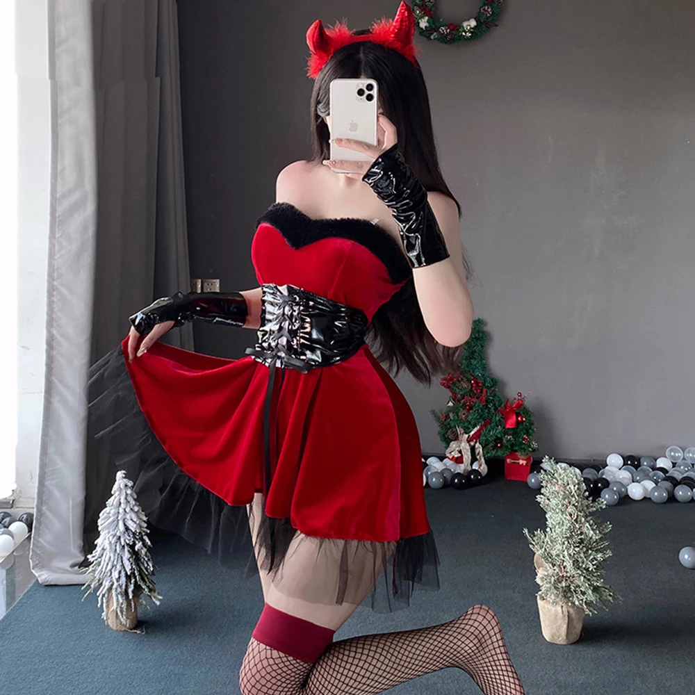 Halloween Demon Cosplay Traje para Mulheres, Terno de festa de Natal, Vestido da Sra. Papai Noel com capa encapuzada, Xmas Outfit, Vestido clube para meninas