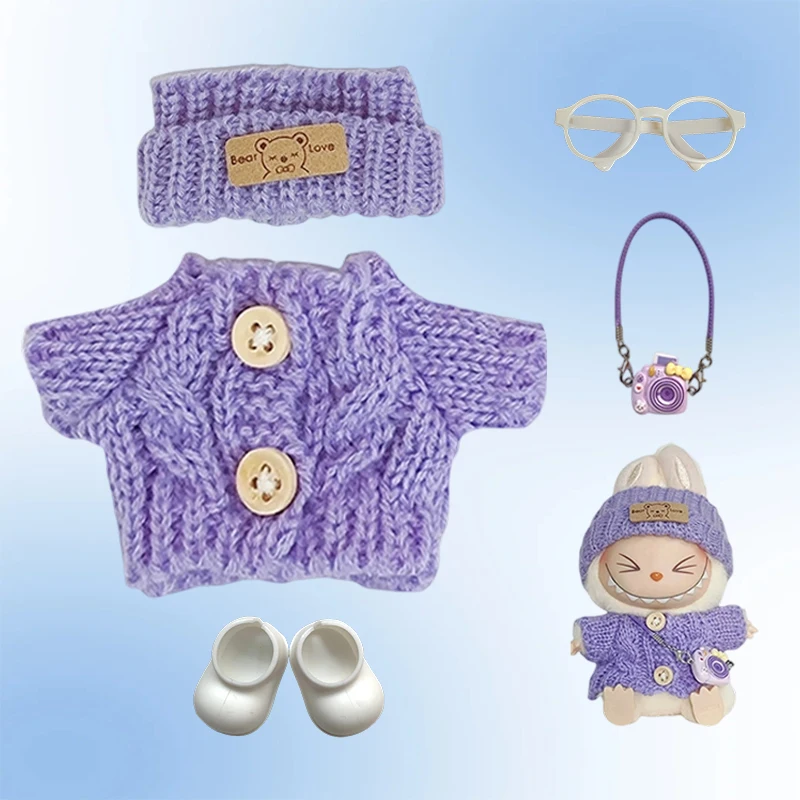 17 cm Kleidung für Labubu I II Puppen, süße Kleidung, 5 Farben, Netzpullover und Mütze, Set, Zubehör, Kleidung, Plüschpuppenkleidung