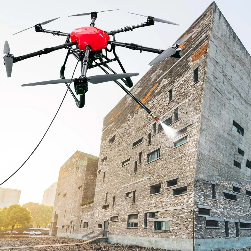 High Altitude Cleaning Drone for Building Facades with Stable Flight and Smart Water Pressure Control