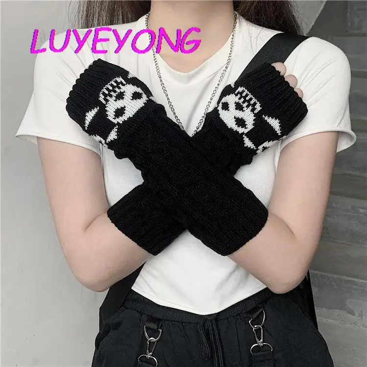 

Unisex Stretch Dark Ninja Cool Elbow Length Winter Arm Warmer Hipster Black Long Mittens Women Gothic Knitted Skull Gloves 2021