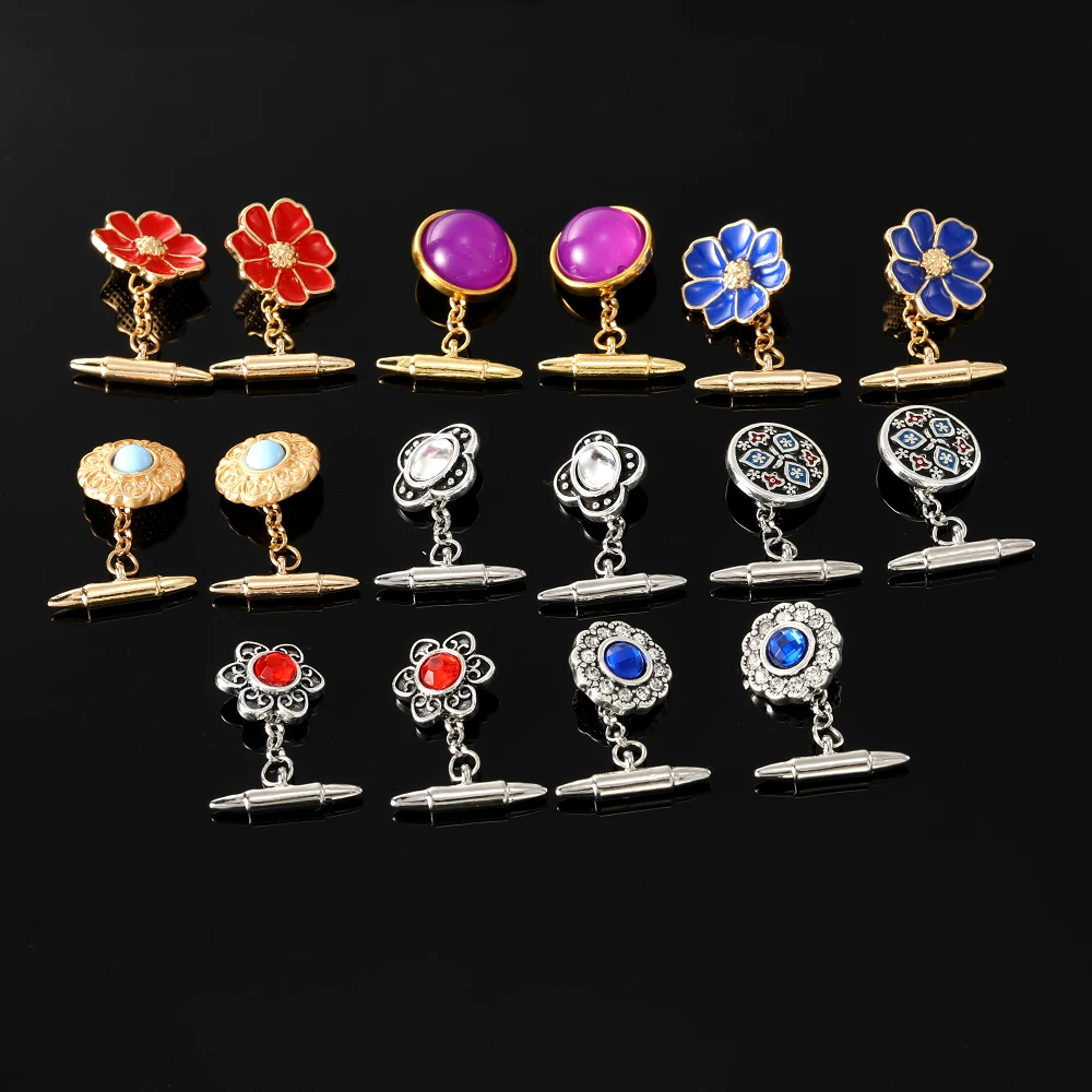 Retro Palace Style Pattern Mens Chain Cufflinks Purple Blue Red Flower Crystal Button Festival Gifts