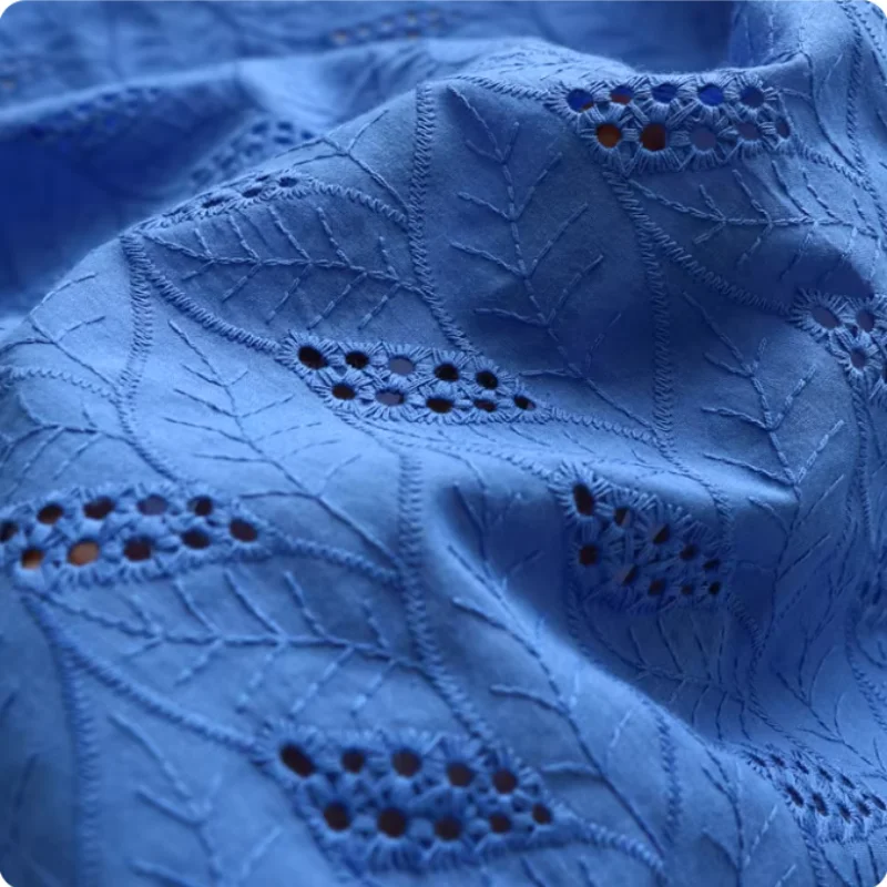 

Blue leaf embroidered cotton fabric for dress children's clothing diy fabric
