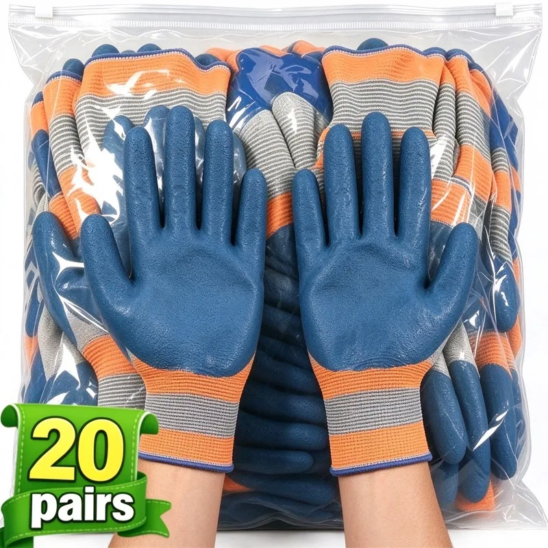 1-20pairs Wear Resistant Gloves Men's Work Non Slip Rubber Coated Gardening Dipped Maintenance Carpenter Tools Protective Gloves