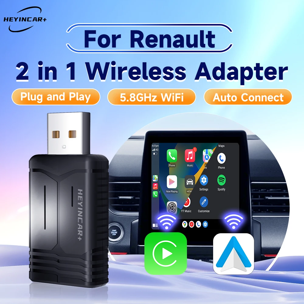 2024 baru HEYINCAR 2in1 Wireless Android Auto Adapter Carplay Wireless untuk Renault Arkana Captur Clio MEGANE AUSTRAL ZOE e-tech