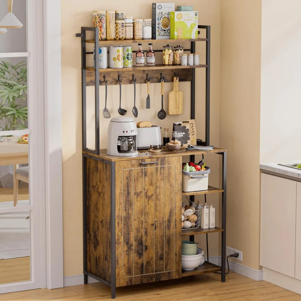 

Bakers Rack with Trash Can Storage Bin Cabinet and Power Outlet, Farmhouse Microwave Stand Cabinet for Kitchen, 6-Tiers C