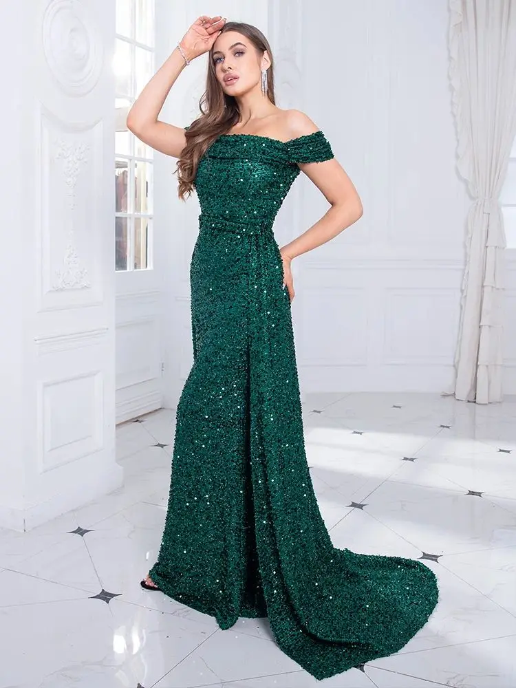 Off The Shoulder Slash Neck Green Sequin Elegant Women Party Dress With Detachable Trian Long Mermaid Floor Length Evening Prom