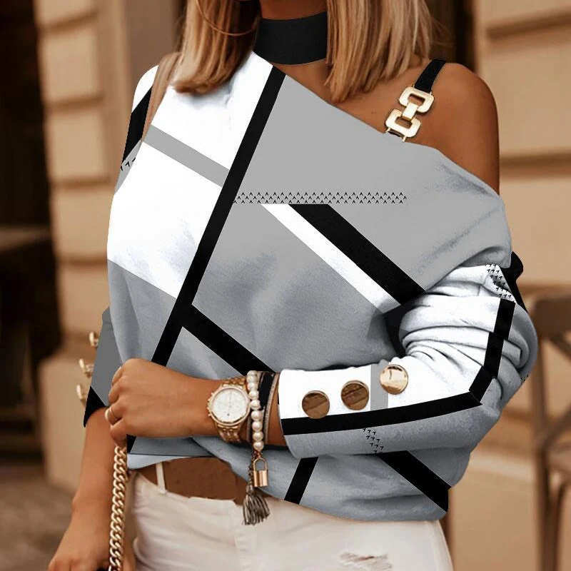 2023 Women Sexy Halter Off Shoulder Blouse Autumn Vintage Printed Loose Pullover Top Elegant Long Sleeve Office Lady Shirt Blusa