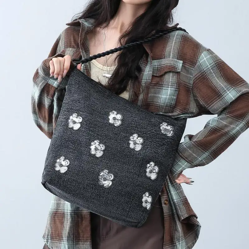 

Винтажная холщовая женская сумка с цветочной вышивкой, повседневная универсальная сумка-ведро большой вместимости, модная женская сумка на одно плечо